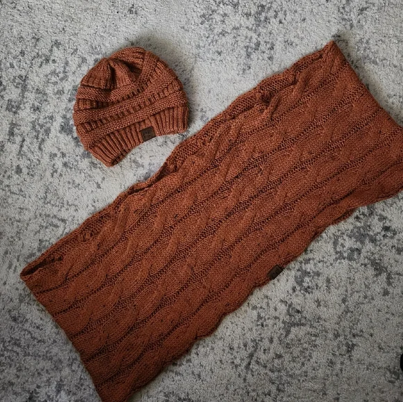 C.C. Cozy Burnt Orange Knit Infinity Scarf and Hat Set - Picture 2 of 6